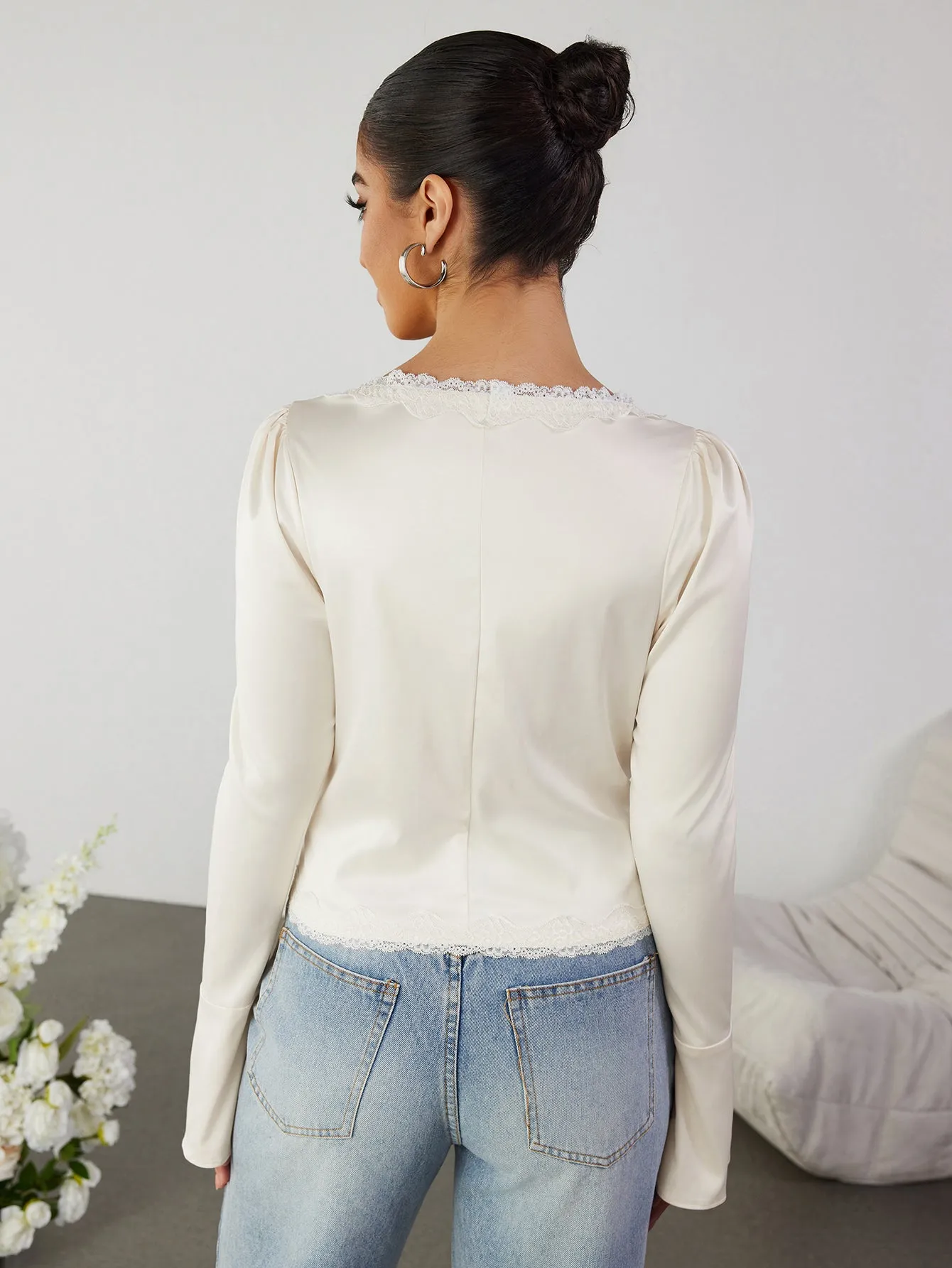 Cut Out Lace Trim Tie Front Top