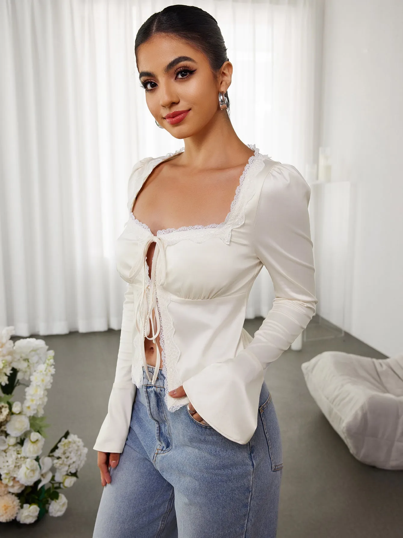 Cut Out Lace Trim Tie Front Top