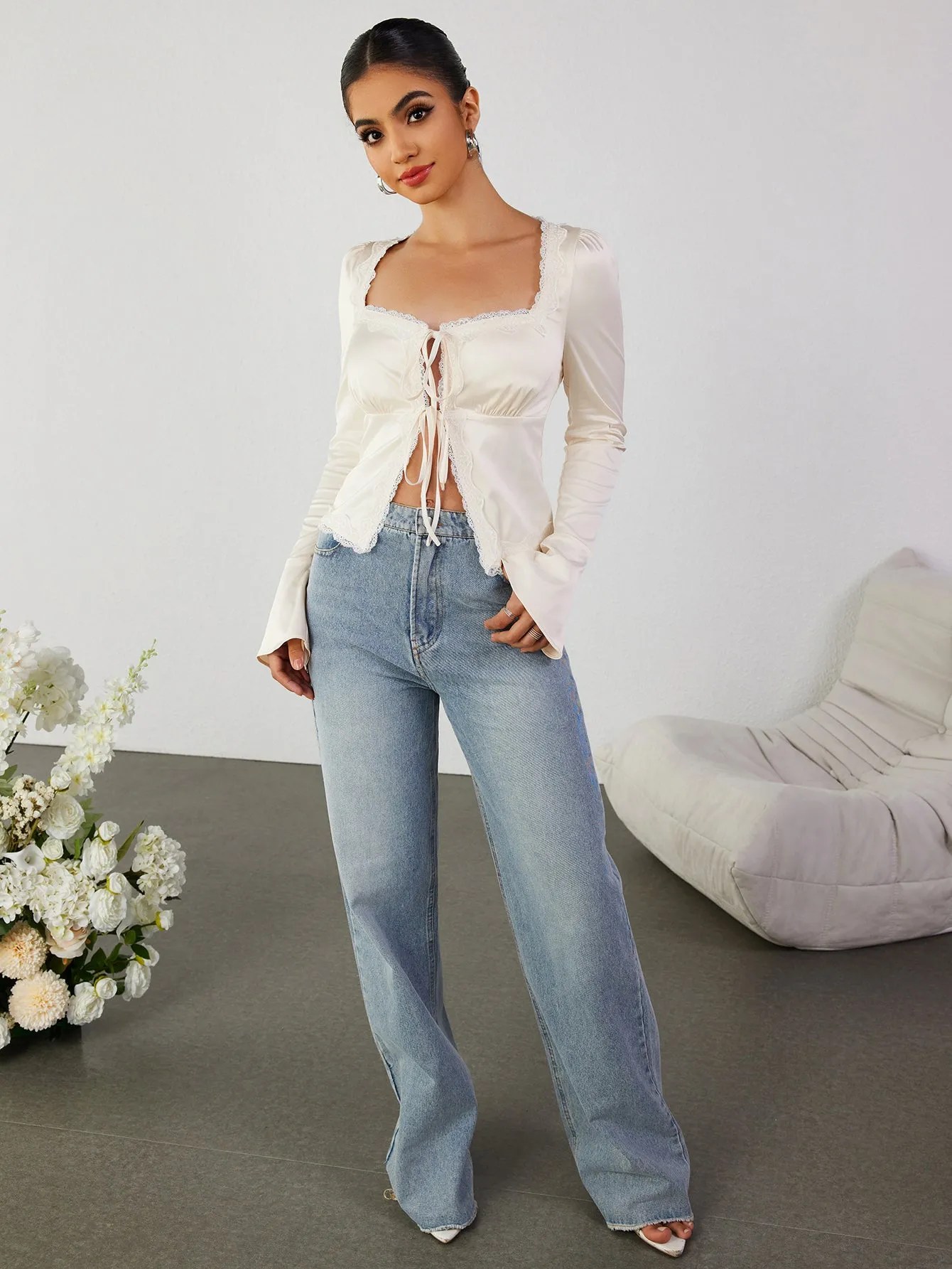 Cut Out Lace Trim Tie Front Top