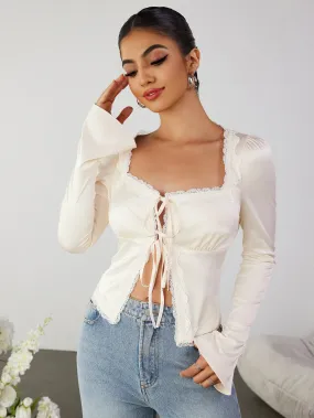 Cut Out Lace Trim Tie Front Top