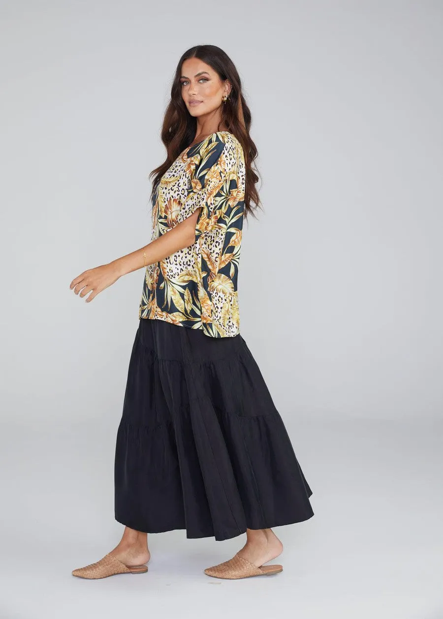Dua Oversized Silk Top - Black Leaf