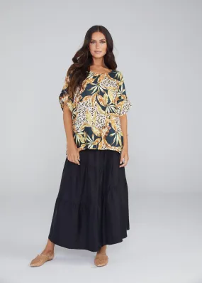 Dua Oversized Silk Top - Black Leaf