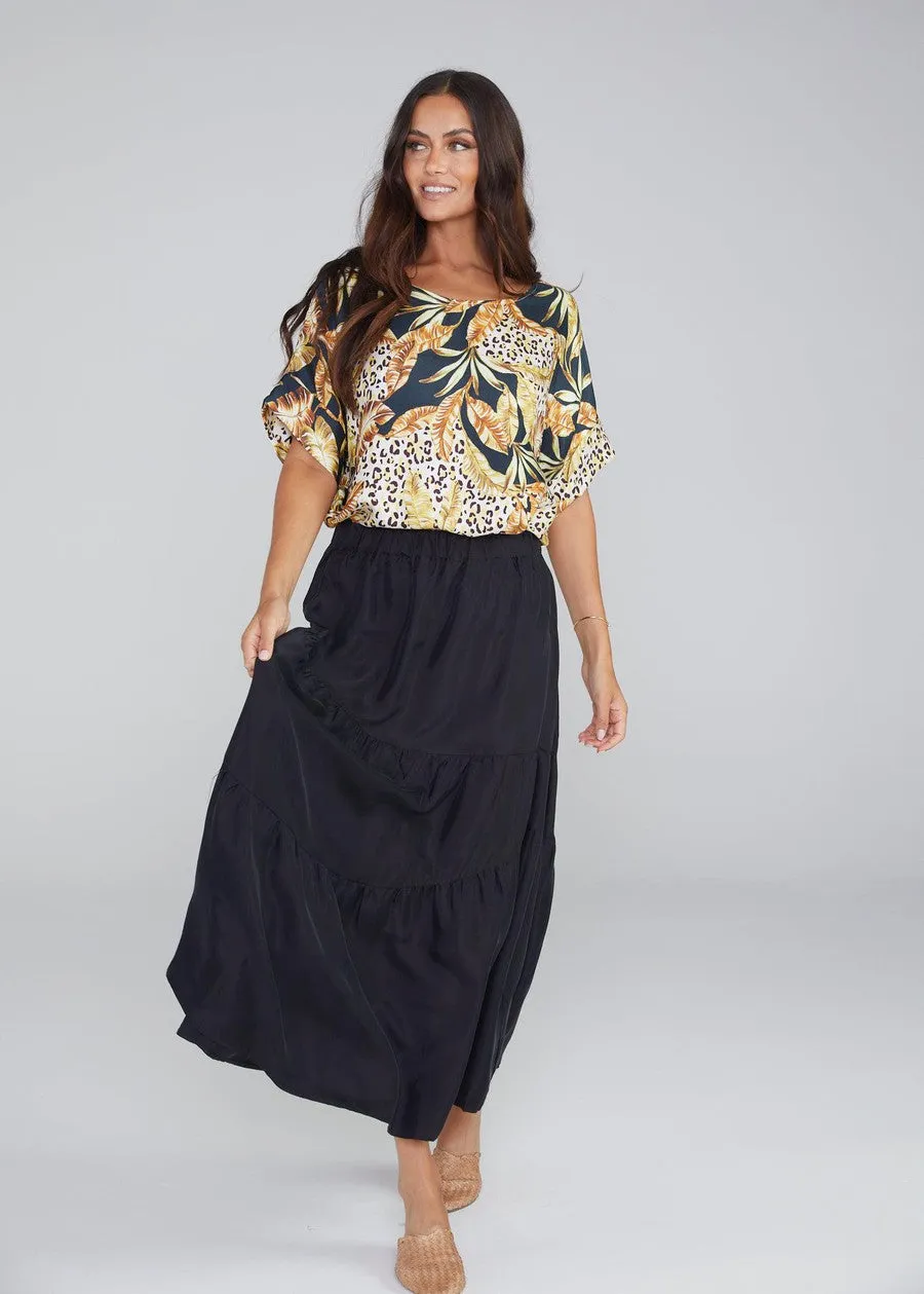 Dua Oversized Silk Top - Black Leaf