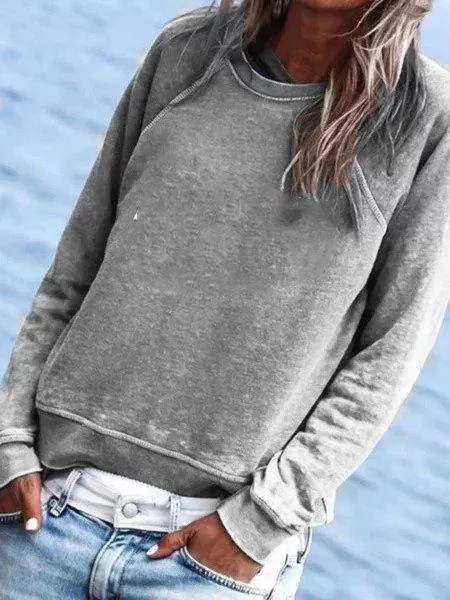 Dunnmall Blue Cotton-Blend Crew Neck Long Sleeve Plain Shirts & Tops