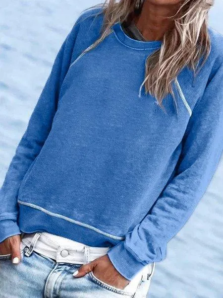 Dunnmall Blue Cotton-Blend Crew Neck Long Sleeve Plain Shirts & Tops