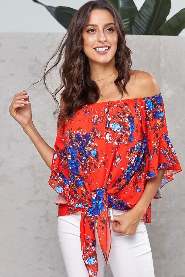 Dunnmall One Collar Printed Chiffon Top