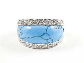 Elegant Simple Center Turquoise Stone With Top & Bottom CZ Brass Ring