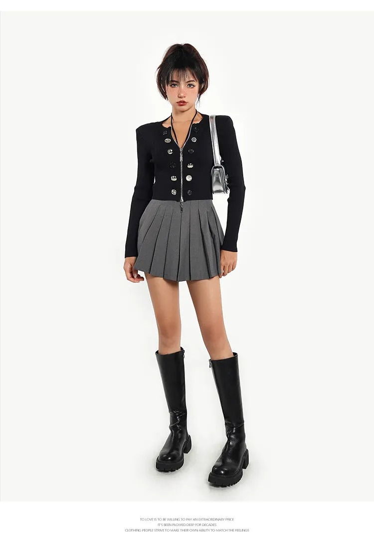 Ella Zip Up Long Sleeve Solid Color Black Top