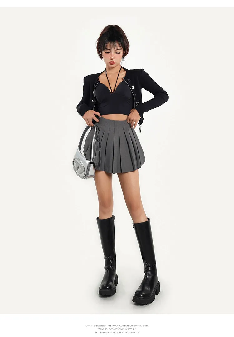 Ella Zip Up Long Sleeve Solid Color Black Top