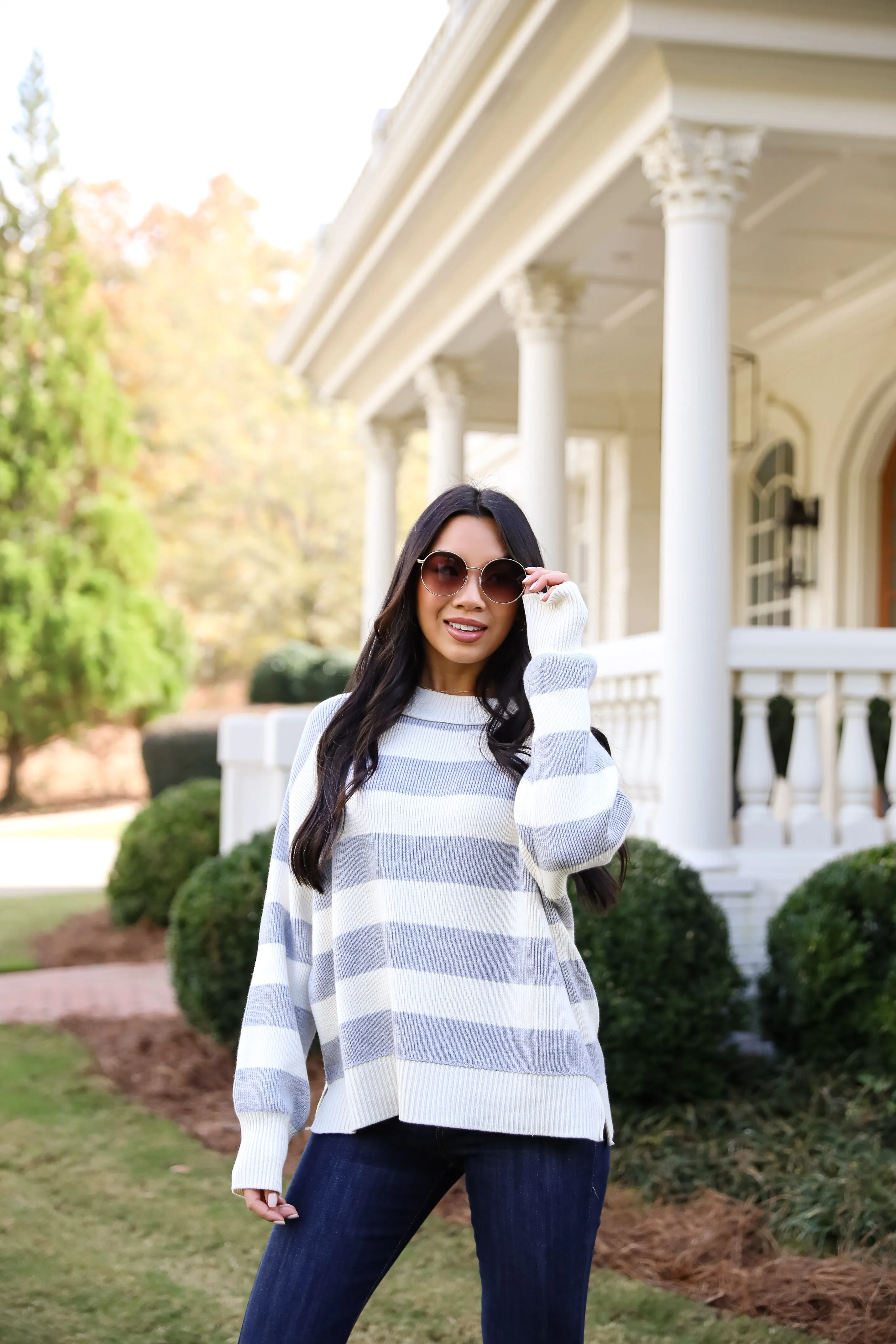 FINAL SALE - Coveted Coziness Heather Grey Oversized Striped Sweater