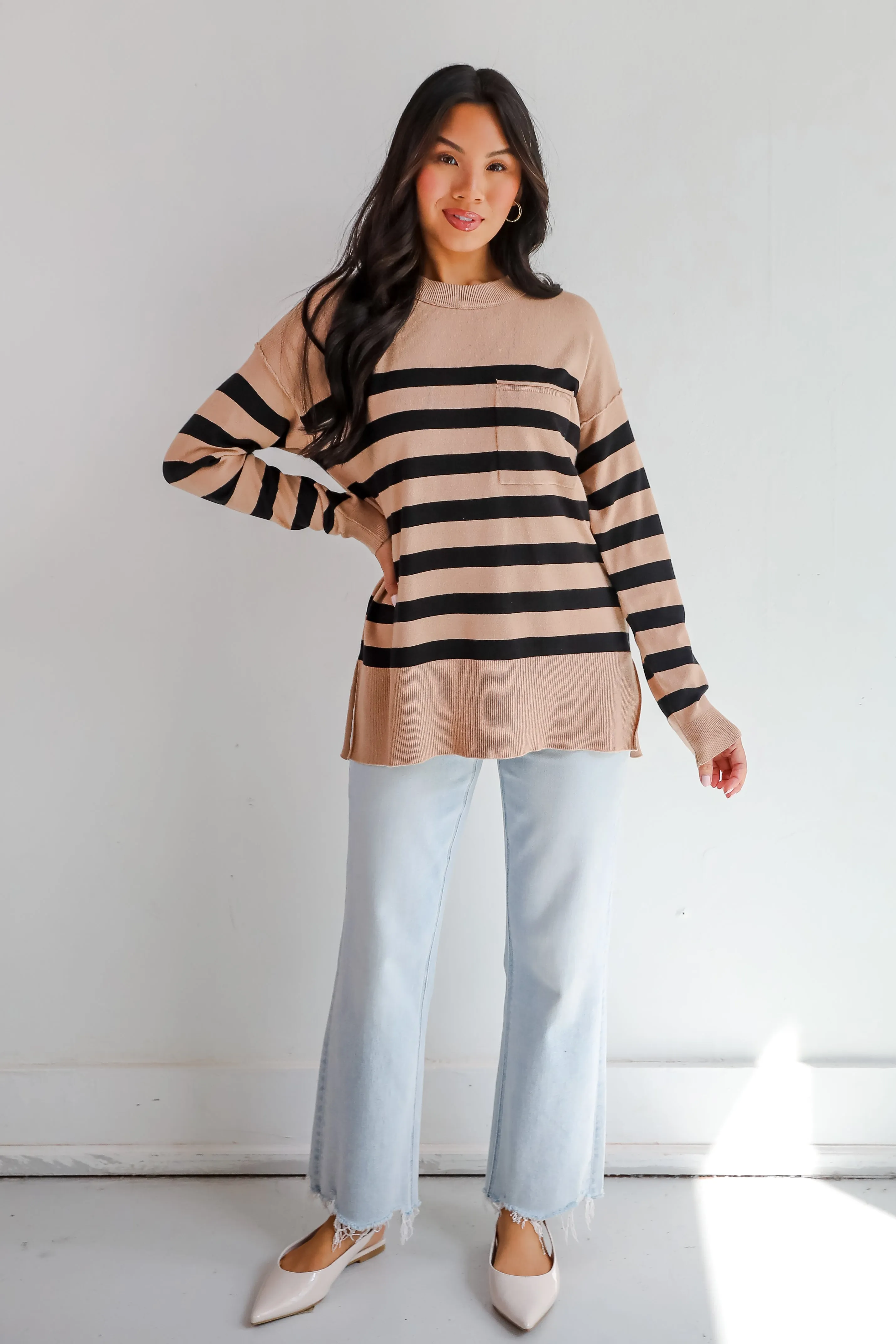 FINAL SALE - Cuddled Up Days Camel Striped Sweater
