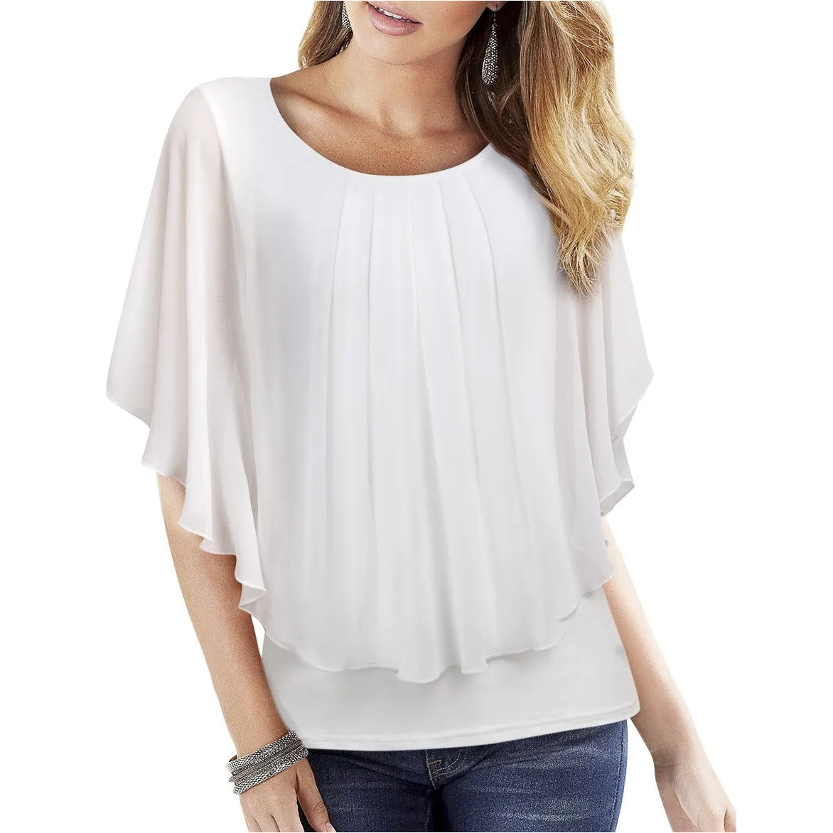 Flared Short Sleeve Chiffon Blouse
