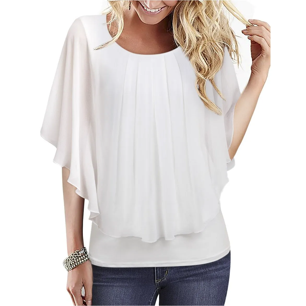 Flared Short Sleeve Chiffon Blouse