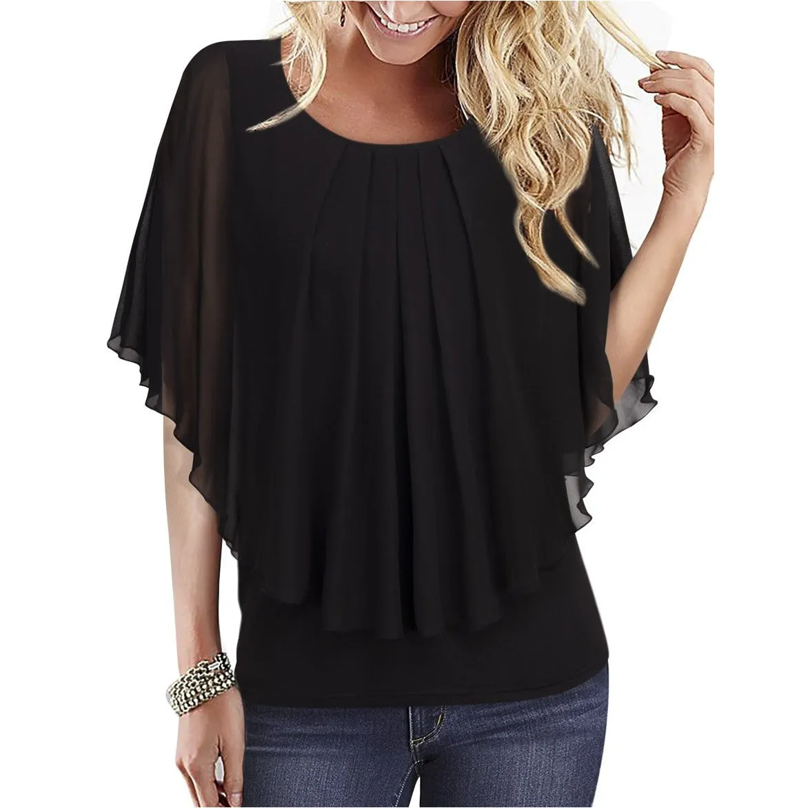 Flared Short Sleeve Chiffon Blouse