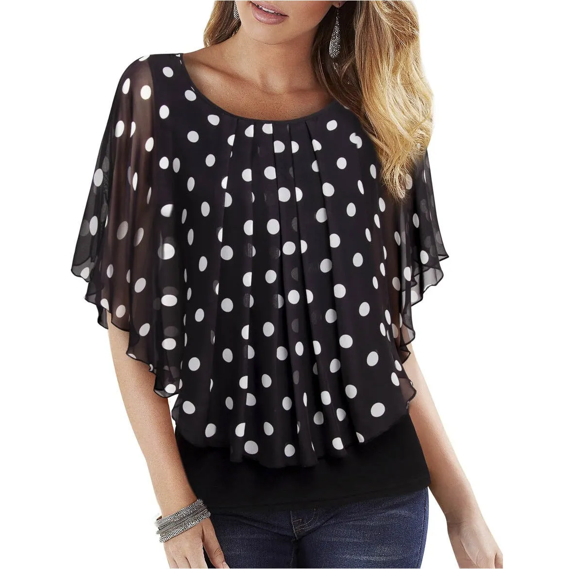Flared Short Sleeve Chiffon Blouse