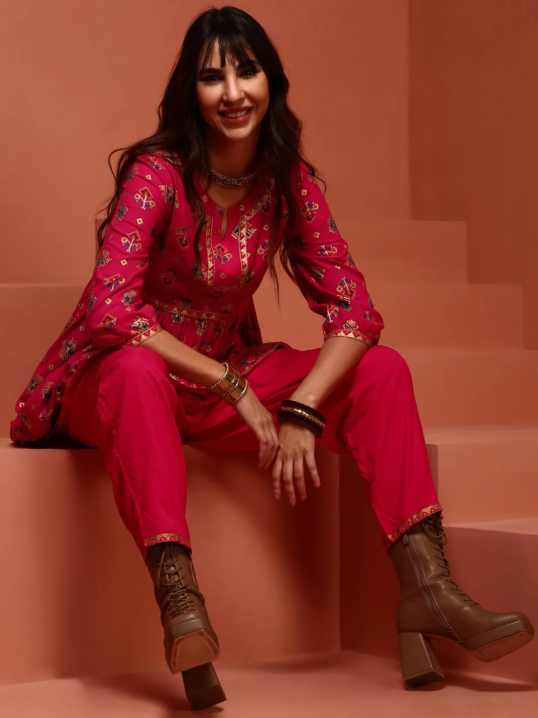 Fuchsia Printed Gathered Tunic top
