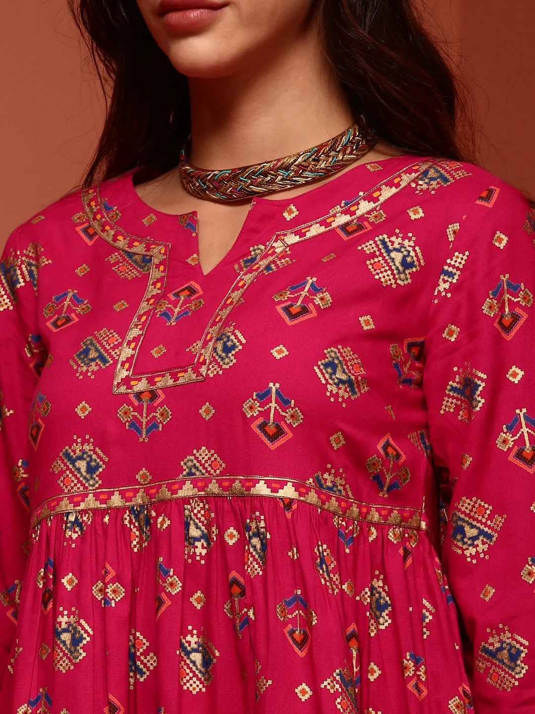 Fuchsia Printed Gathered Tunic top