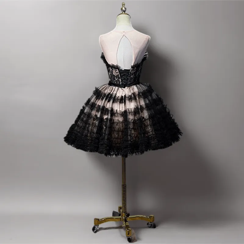 Gothic Black Short Wedding Party Dress - Layered Tulle Ruffle Dress - Floral Embroidered Corset Party Dress Plus Size