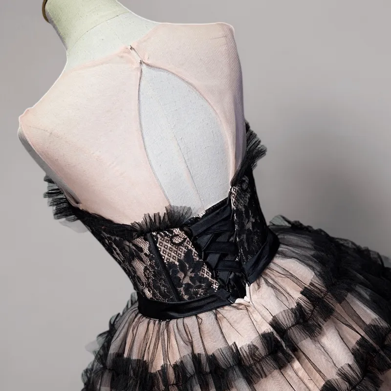 Gothic Black Short Wedding Party Dress - Layered Tulle Ruffle Dress - Floral Embroidered Corset Party Dress Plus Size