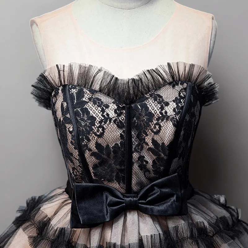 Gothic Black Short Wedding Party Dress - Layered Tulle Ruffle Dress - Floral Embroidered Corset Party Dress Plus Size
