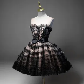 Gothic Black Short Wedding Party Dress - Layered Tulle Ruffle Dress - Floral Embroidered Corset Party Dress Plus Size