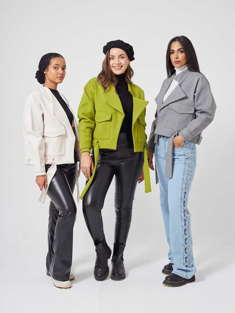 Green Cropped Jacket With Belt,