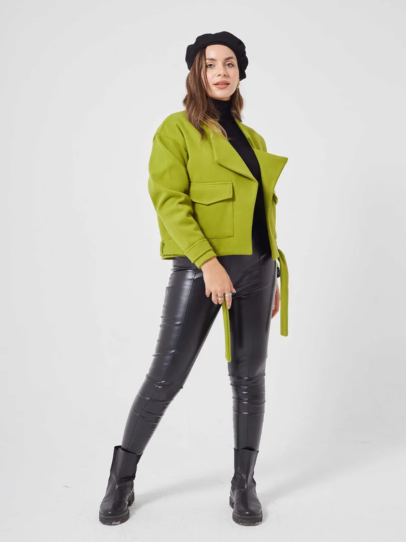Green Cropped Jacket With Belt,