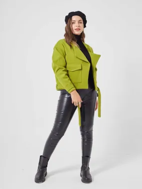 Green Cropped Jacket With Belt,