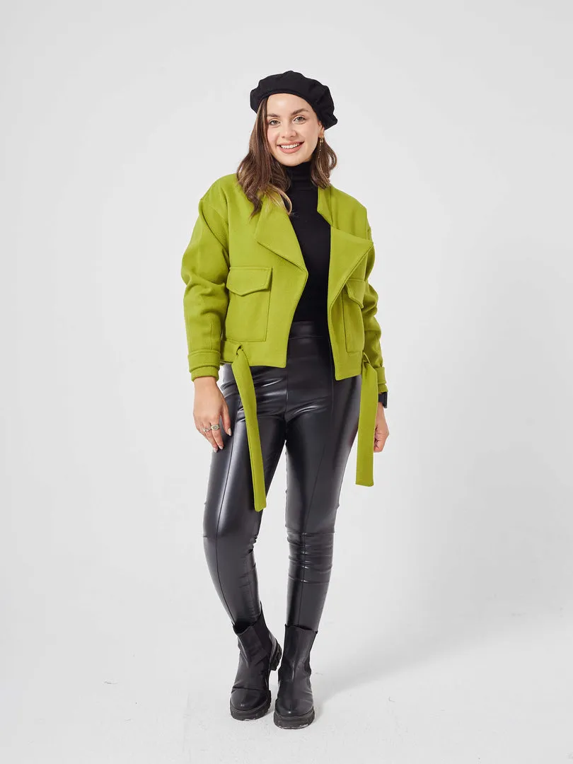 Green Cropped Jacket With Belt,