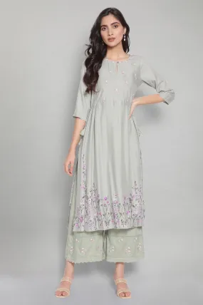 Green Embroidered Gathered kurta-Parallel Pants Set