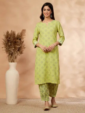 Green Printed Straight Kurta Set