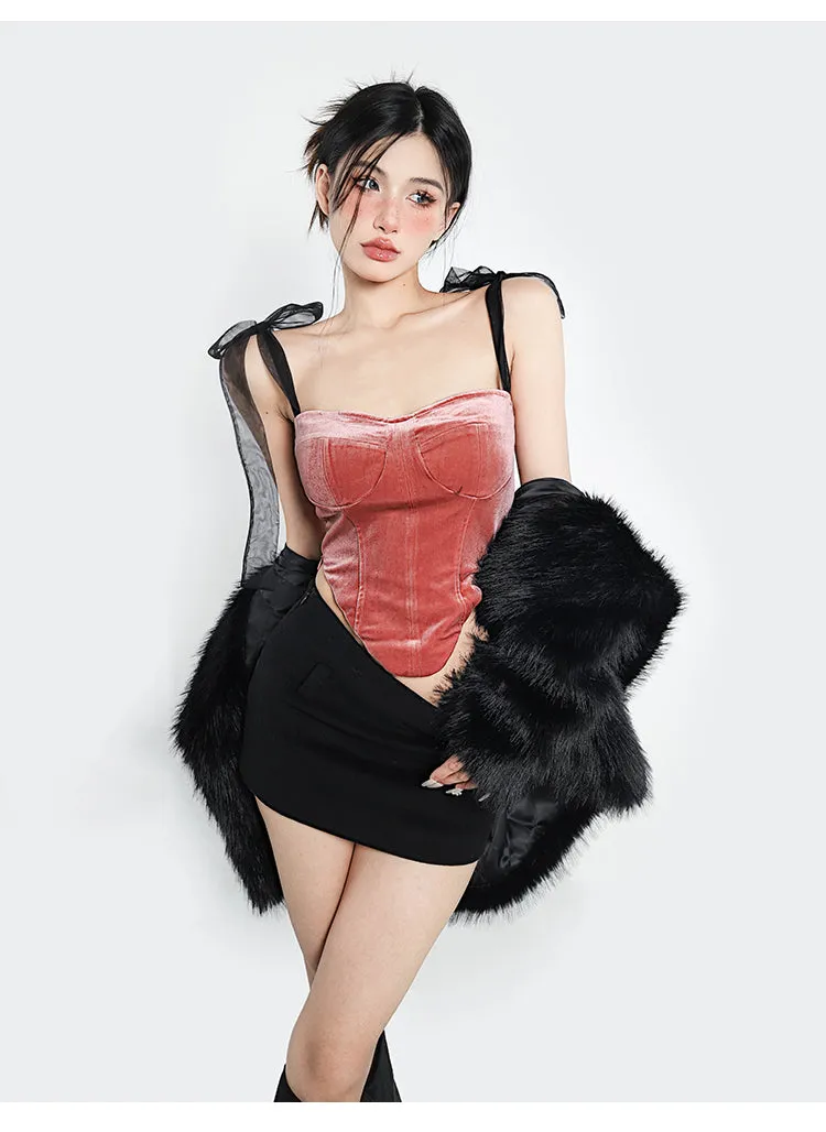 Jazmin Velour Pink Black Ribbon Corset Top
