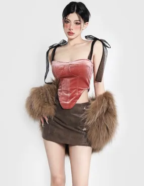 Jazmin Velour Pink Black Ribbon Corset Top