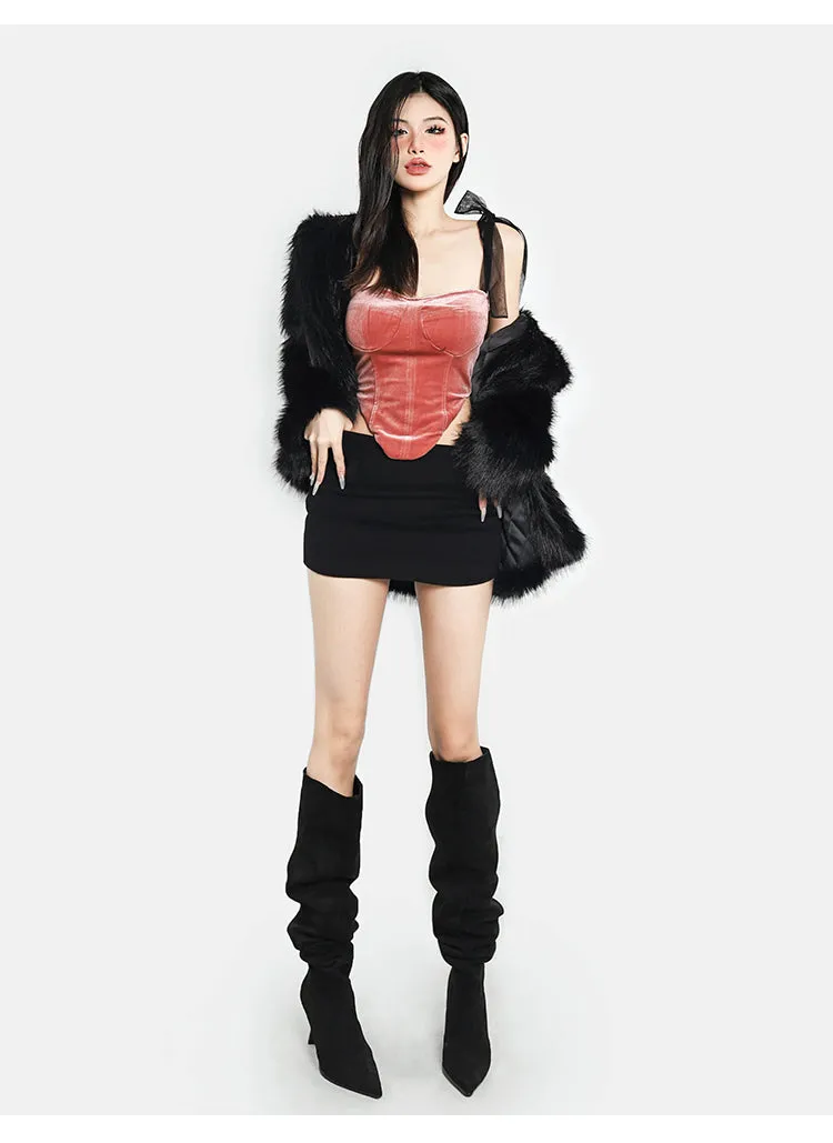 Jazmin Velour Pink Black Ribbon Corset Top