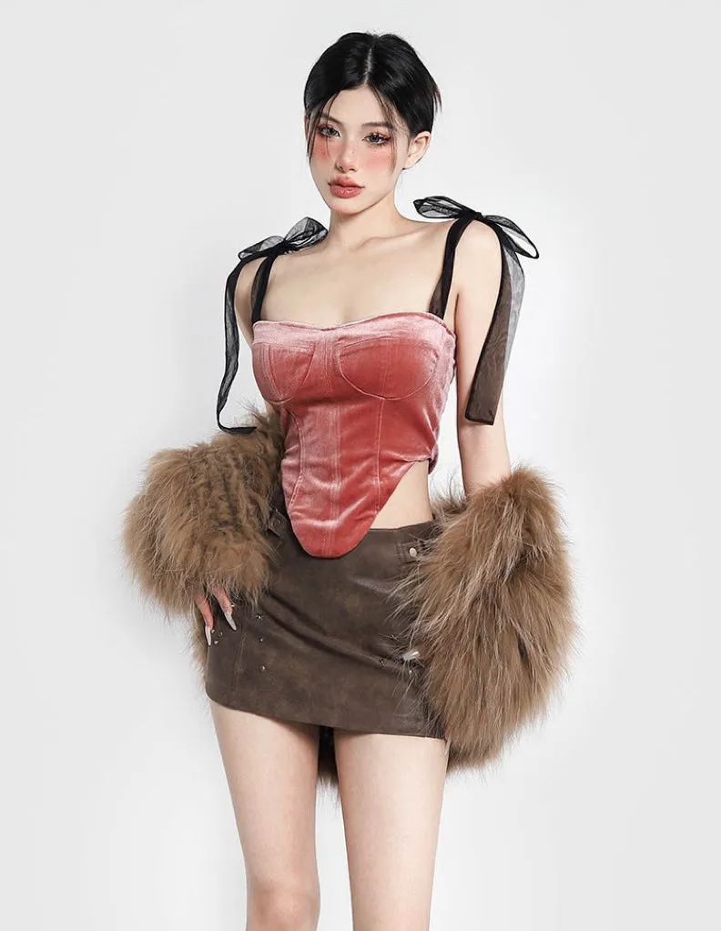 Jazmin Velour Pink Black Ribbon Corset Top