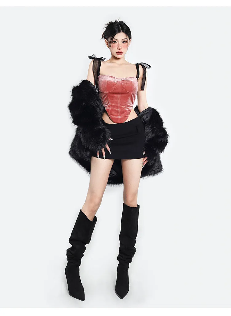 Jazmin Velour Pink Black Ribbon Corset Top