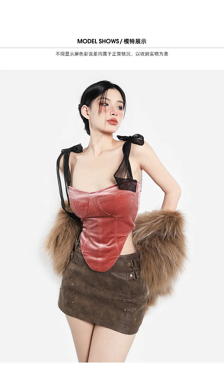 Jazmin Velour Pink Black Ribbon Corset Top