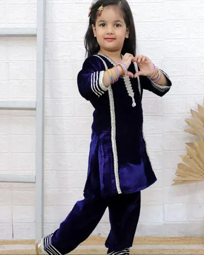Kids Navy Blue Velvet Beautiful Kurti Pant Set