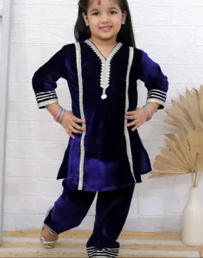 Kids Navy Blue Velvet Beautiful Kurti Pant Set
