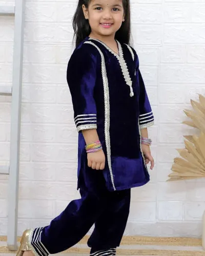 Kids Navy Blue Velvet Beautiful Kurti Pant Set