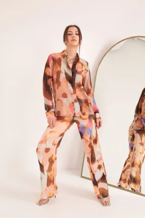 KKT Satin Fabric Watercolor Effect Floral Pattern Women's Trousers-Brown - Merseburg