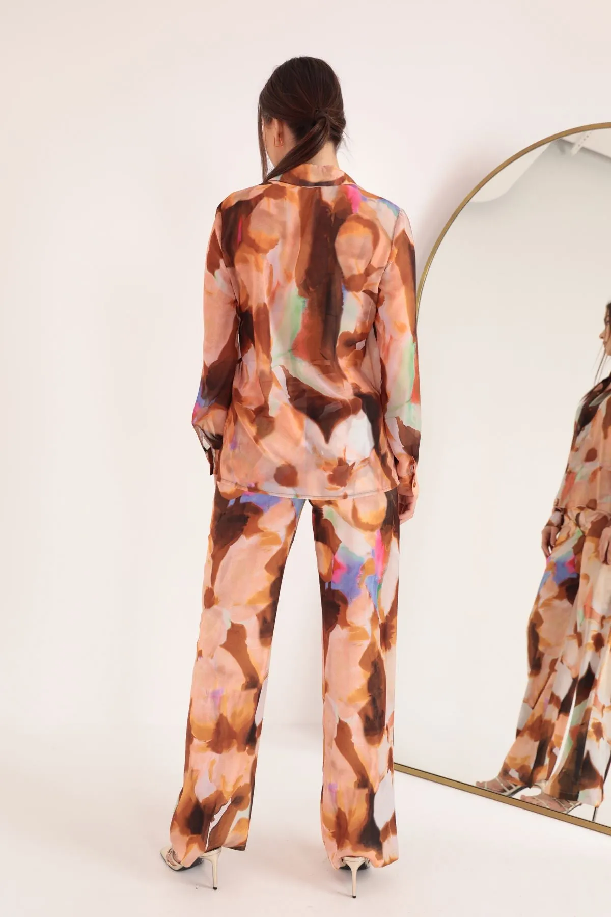 KKT Satin Fabric Watercolor Effect Floral Pattern Women's Trousers-Brown - Merseburg