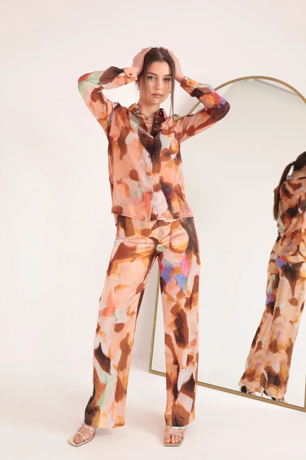 KKT Satin Fabric Watercolor Effect Floral Pattern Women's Trousers-Brown - Merseburg