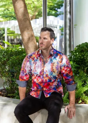 Men's Red Watercolor Art Print Long Sleeve Dress Shirt Style No-222251
