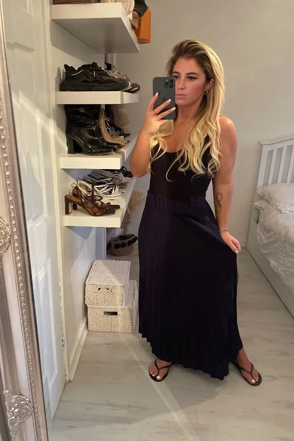 NAVY PLEATED BELT MAXI SKIRT