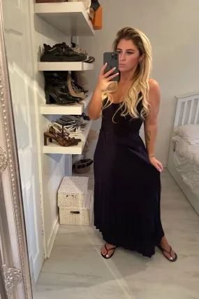 NAVY PLEATED BELT MAXI SKIRT