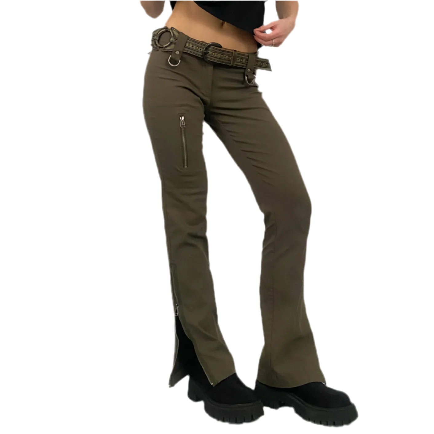 Olive Zipper Low Rise Pants (XS)