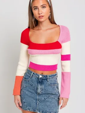 Pink Attitude Long Sleeve Color Stripe Stripe Knit Crop Top