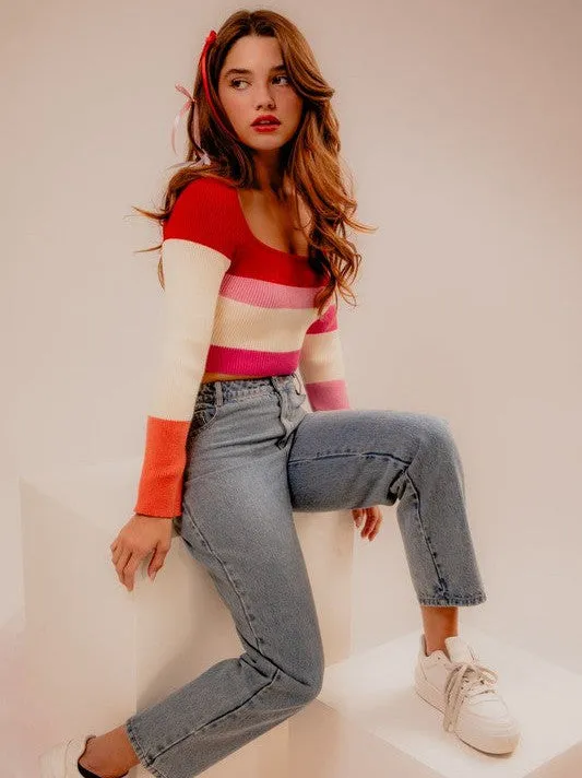 Pink Attitude Long Sleeve Color Stripe Stripe Knit Crop Top