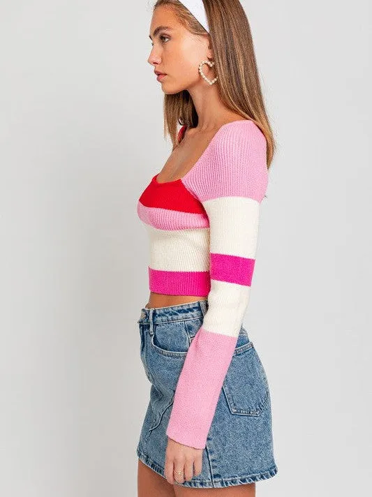 Pink Attitude Long Sleeve Color Stripe Stripe Knit Crop Top